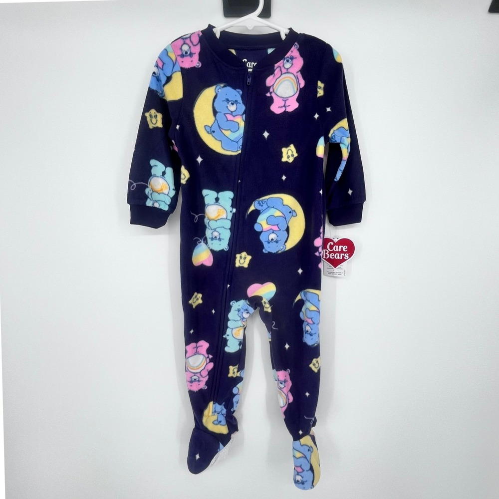 Care Bears Footed Sleeper Toddler 2T Navy Blue Fleece Zip Up Pajamas NEW
